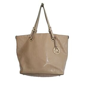 Michael Kors Beige Patent Leather-Signature Embossed-Jet Set Tote Handbag